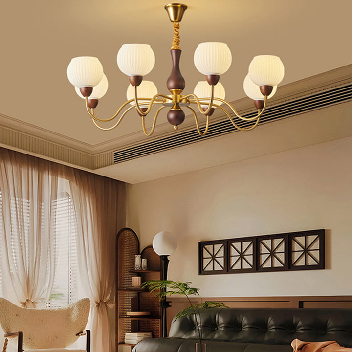 Lámpara de araña contemporánea retro con varilla curva, forma de copa redonda, marco de hierro y madera, pantalla de vidrio rayado, 3/6/8 luces para sala de estar 