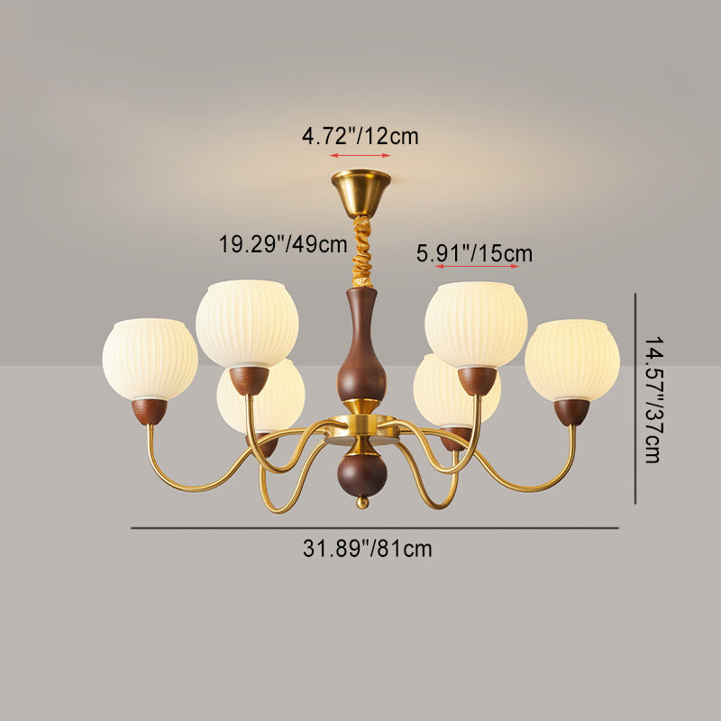 Lámpara de araña contemporánea retro con varilla curva, forma de copa redonda, marco de hierro y madera, pantalla de vidrio rayado, 3/6/8 luces para sala de estar 