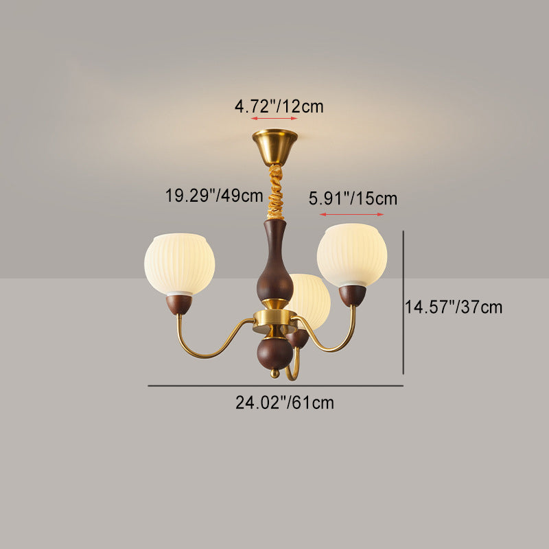 Lámpara de araña contemporánea retro con varilla curva, forma de copa redonda, marco de hierro y madera, pantalla de vidrio rayado, 3/6/8 luces para sala de estar 