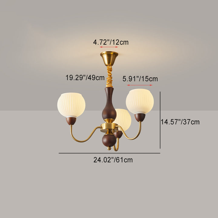 Lámpara de araña contemporánea retro con varilla curva, forma de copa redonda, marco de hierro y madera, pantalla de vidrio rayado, 3/6/8 luces para sala de estar 