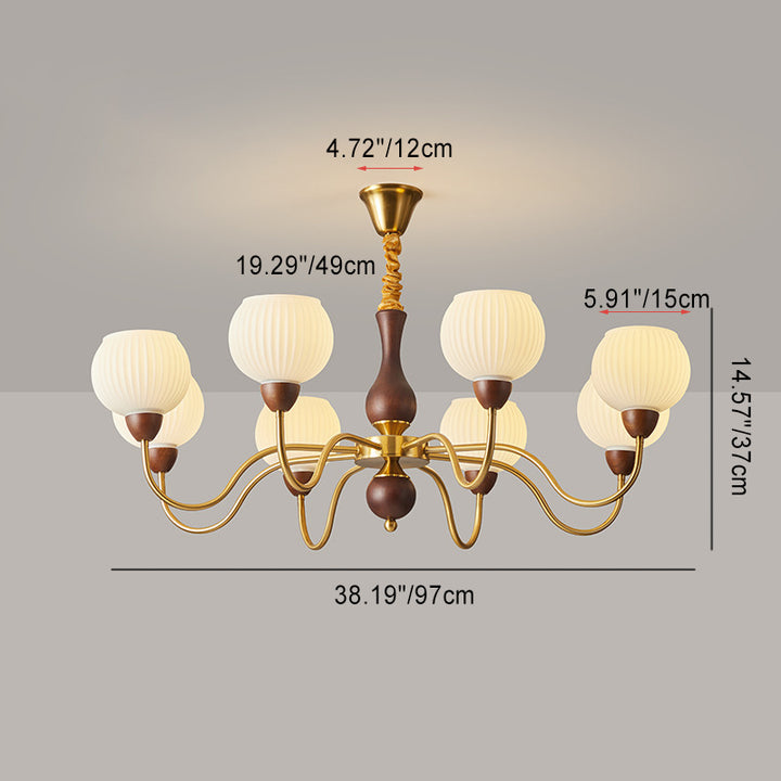 Lámpara de araña contemporánea retro con varilla curva, forma de copa redonda, marco de hierro y madera, pantalla de vidrio rayado, 3/6/8 luces para sala de estar 