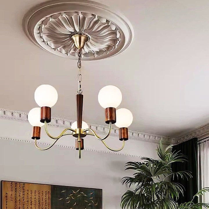 Lustre Contemporain Rétro à Tige Courbée Branche Globale Cadre en Bois et Cuivre Abat-jour en Verre 3/5 Lumières pour Salon 