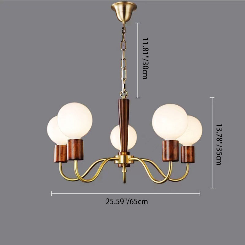 Lustre Contemporain Rétro à Tige Courbée Branche Globale Cadre en Bois et Cuivre Abat-jour en Verre 3/5 Lumières pour Salon 