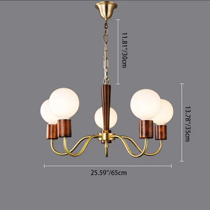 Lustre Contemporain Rétro à Tige Courbée Branche Globale Cadre en Bois et Cuivre Abat-jour en Verre 3/5 Lumières pour Salon 