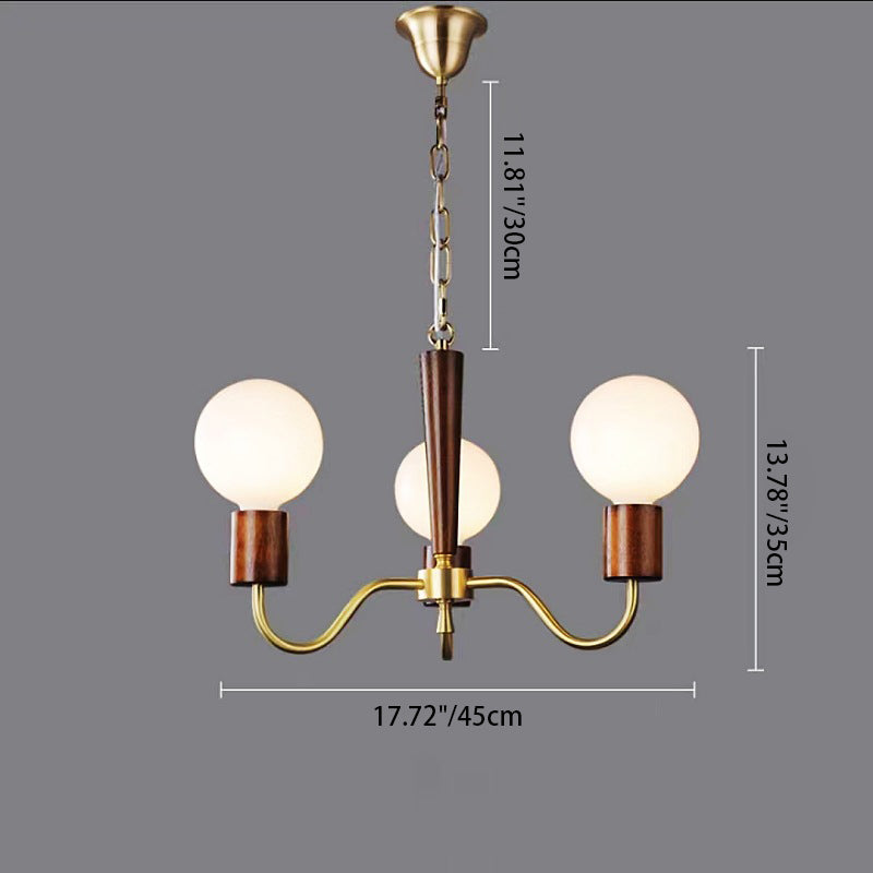 Lustre Contemporain Rétro à Tige Courbée Branche Globale Cadre en Bois et Cuivre Abat-jour en Verre 3/5 Lumières pour Salon 