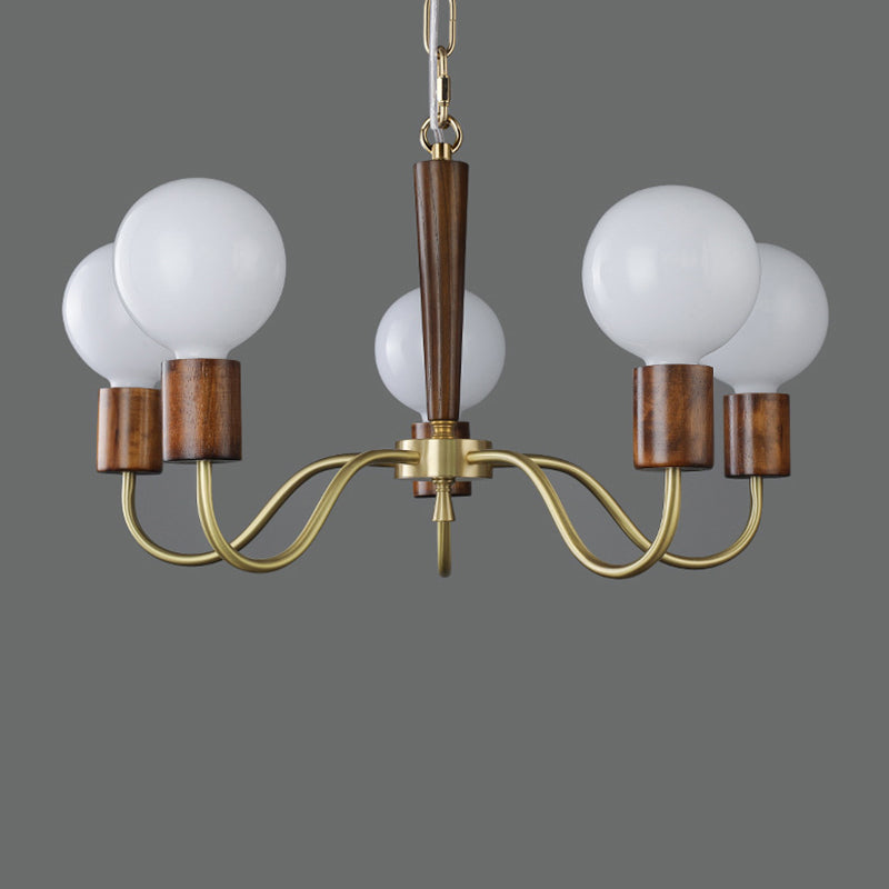Lustre Contemporain Rétro à Tige Courbée Branche Globale Cadre en Bois et Cuivre Abat-jour en Verre 3/5 Lumières pour Salon 