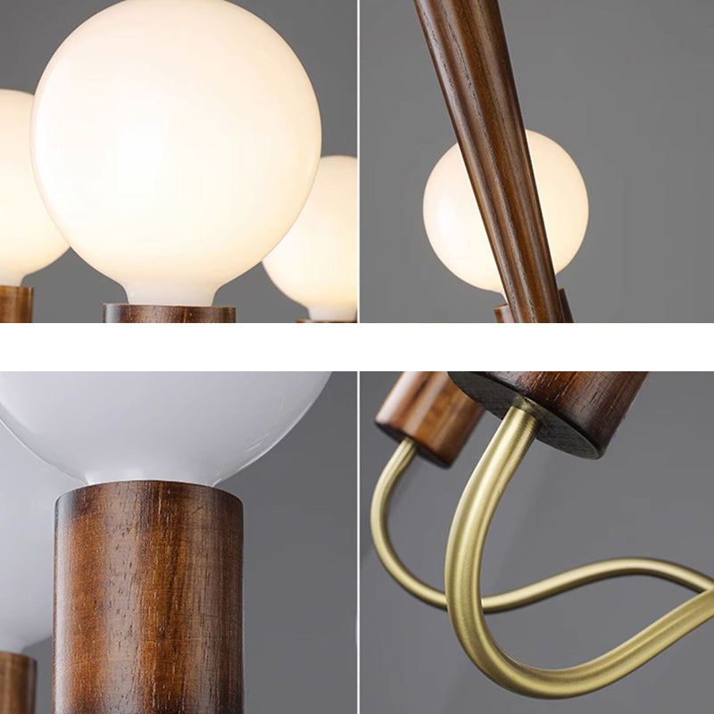 Lustre Contemporain Rétro à Tige Courbée Branche Globale Cadre en Bois et Cuivre Abat-jour en Verre 3/5 Lumières pour Salon 