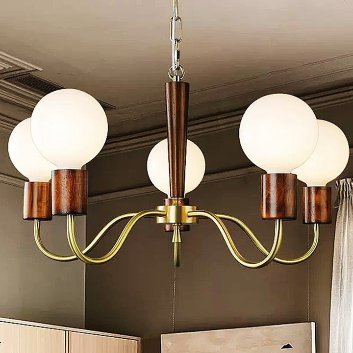 Lustre Contemporain Rétro à Tige Courbée Branche Globale Cadre en Bois et Cuivre Abat-jour en Verre 3/5 Lumières pour Salon 