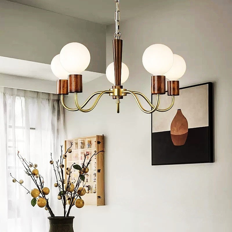 Lustre Contemporain Rétro à Tige Courbée Branche Globale Cadre en Bois et Cuivre Abat-jour en Verre 3/5 Lumières pour Salon 
