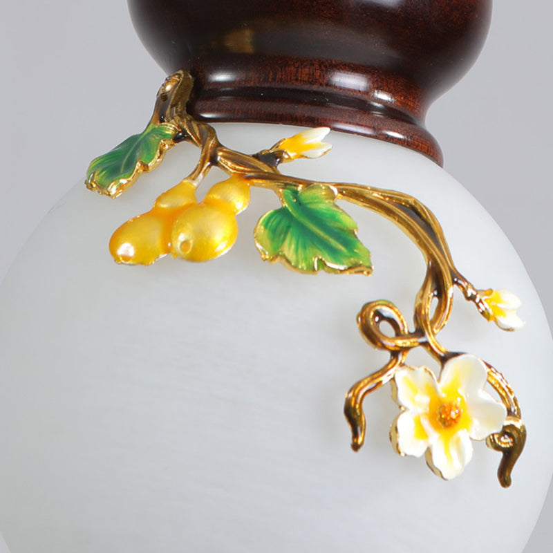 Traditional Chinese Round Gourd Wood Brass Enameled Glass Shade 1-Light Wall Sconce Lamp For Living Room