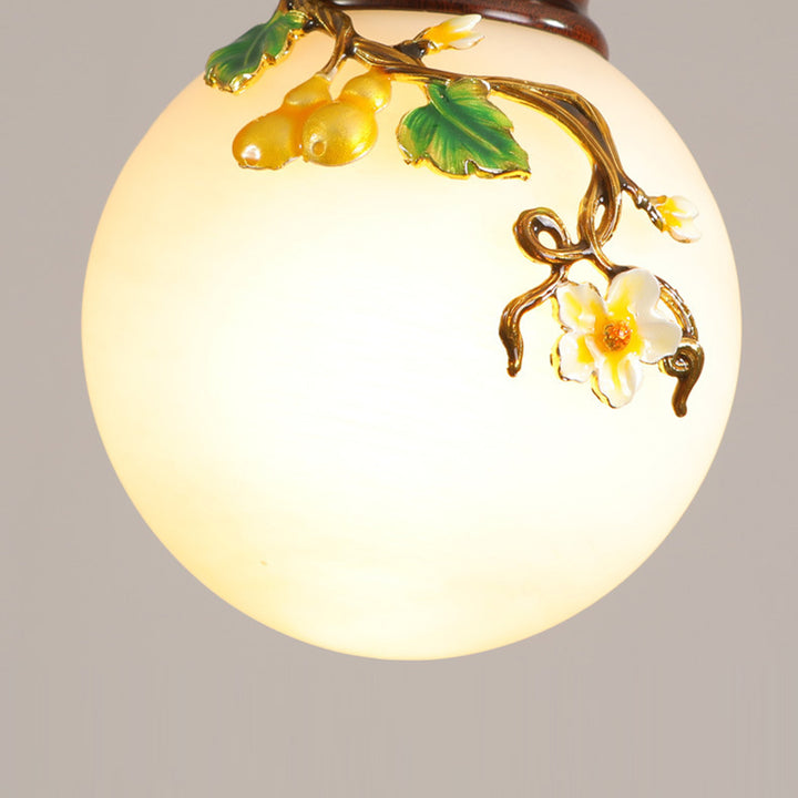 Traditionelle chinesische runde Kürbis-Holz-Messing-emaillierte Glasschirm 1-Licht-Wandleuchte für Wohnzimmer 