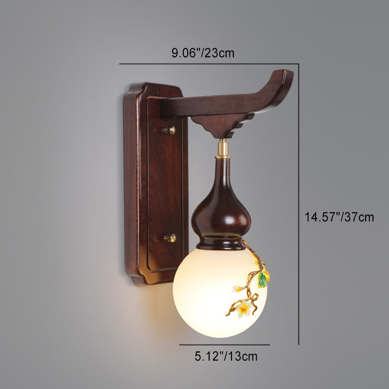 Traditionelle chinesische runde Kürbis-Holz-Messing-emaillierte Glasschirm 1-Licht-Wandleuchte für Wohnzimmer 