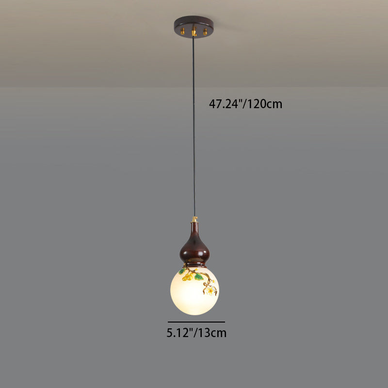 Lámpara de Araña de 1/3/6 Luces con Pantalla de Vidrio Esmaltado de Calabaza Redonda China Tradicional de Madera y Latón para Sala de Estar 