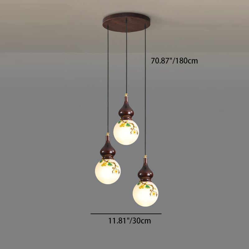Lámpara de Araña de 1/3/6 Luces con Pantalla de Vidrio Esmaltado de Calabaza Redonda China Tradicional de Madera y Latón para Sala de Estar 
