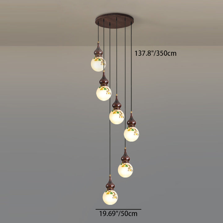Lámpara de Araña de 1/3/6 Luces con Pantalla de Vidrio Esmaltado de Calabaza Redonda China Tradicional de Madera y Latón para Sala de Estar 
