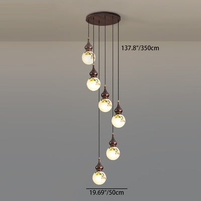 Traditional Chinese Round Gourd Wood Brass Enameled Glass Shade 1/3/6 Light Chandelier For Living Room