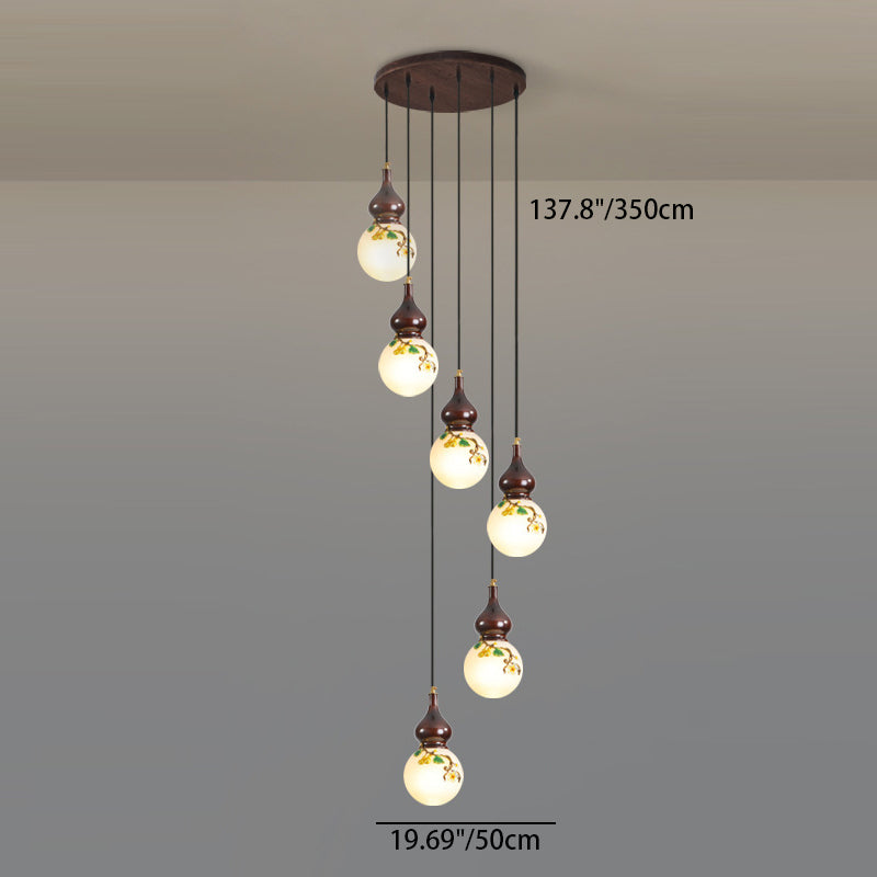 Traditional Chinese Round Gourd Wood Brass Enameled Glass Shade 1/3/6 Light Chandelier For Living Room