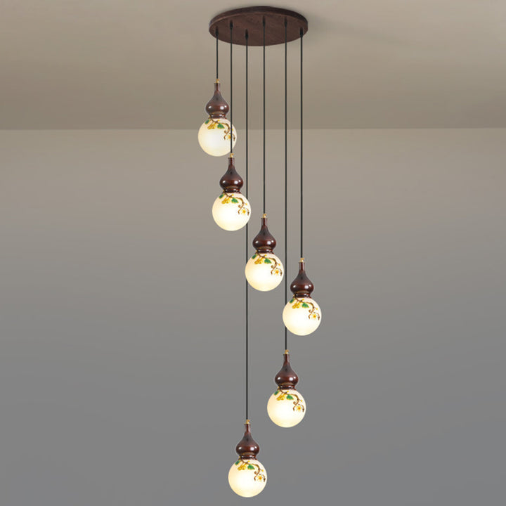 Lámpara de Araña de 1/3/6 Luces con Pantalla de Vidrio Esmaltado de Calabaza Redonda China Tradicional de Madera y Latón para Sala de Estar 