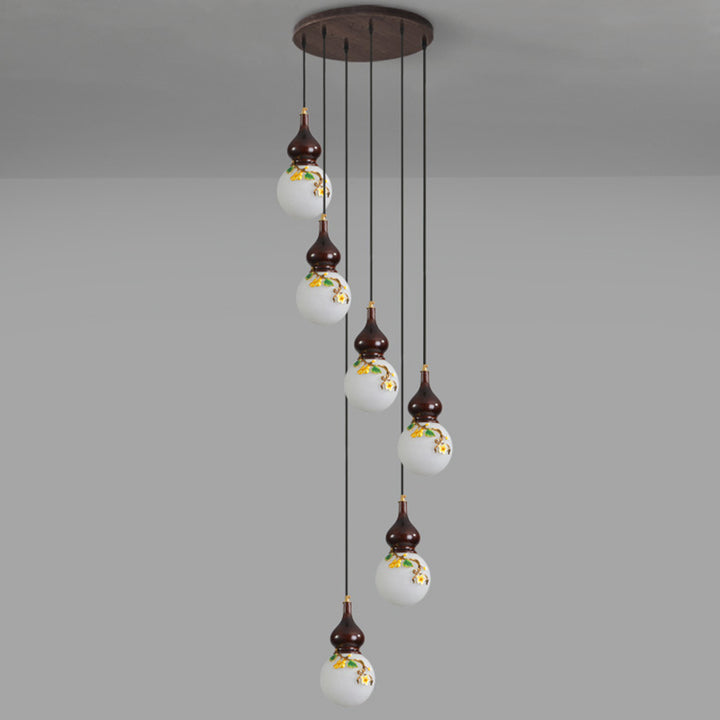 Lámpara de Araña de 1/3/6 Luces con Pantalla de Vidrio Esmaltado de Calabaza Redonda China Tradicional de Madera y Latón para Sala de Estar 