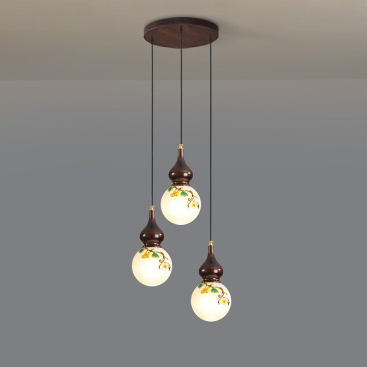 Lámpara de Araña de 1/3/6 Luces con Pantalla de Vidrio Esmaltado de Calabaza Redonda China Tradicional de Madera y Latón para Sala de Estar 