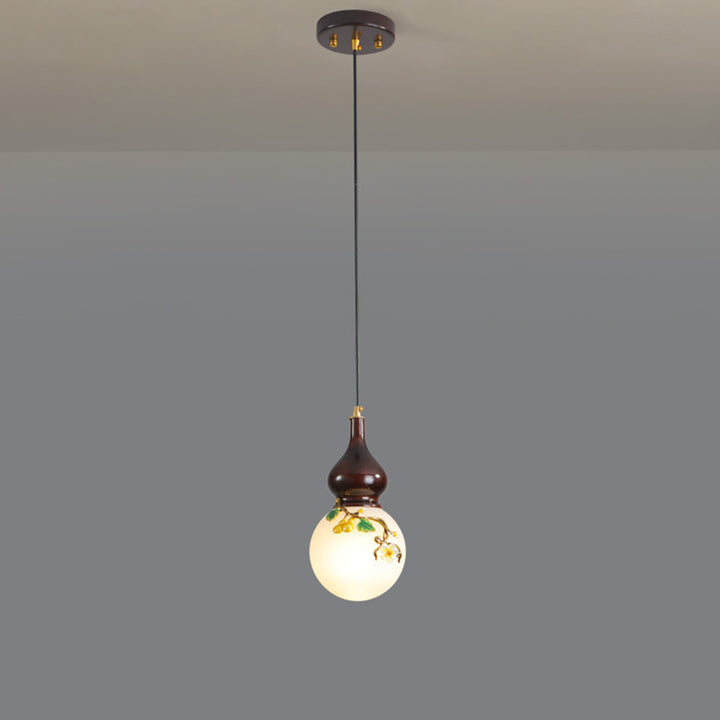 Lámpara de Araña de 1/3/6 Luces con Pantalla de Vidrio Esmaltado de Calabaza Redonda China Tradicional de Madera y Latón para Sala de Estar 