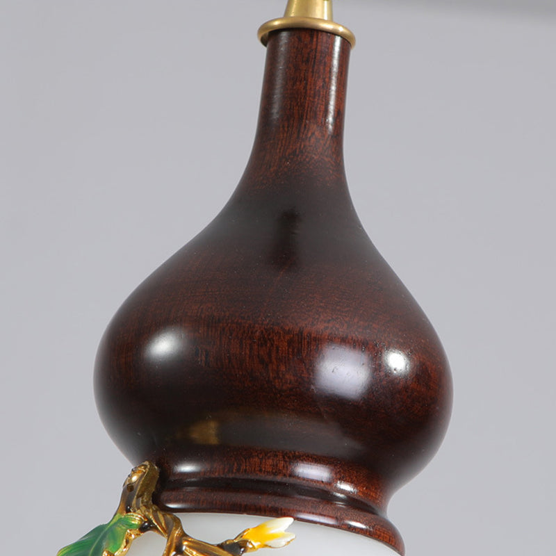 Lámpara de Araña de 1/3/6 Luces con Pantalla de Vidrio Esmaltado de Calabaza Redonda China Tradicional de Madera y Latón para Sala de Estar 