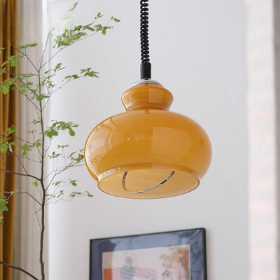 Contemporary Retro Cream Round Oval Iron Glass Shade 1-Light Pendant Light For Living Room