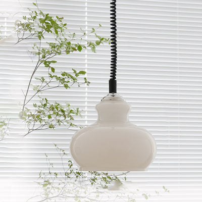 Contemporary Retro Cream Round Oval Iron Glass Shade 1-Light Pendant Light For Living Room