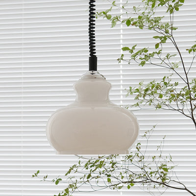 Contemporary Retro Cream Round Oval Iron Glass Shade 1-Light Pendant Light For Living Room