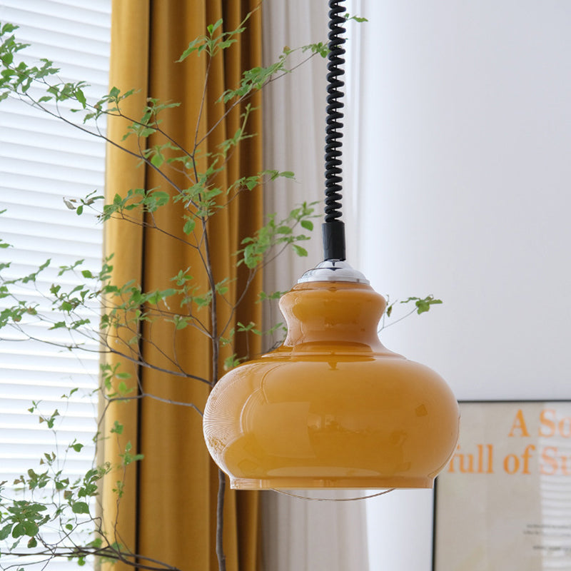 Lampe suspendue contemporaine rétro crème ovale ronde en fer avec abat-jour en verre à 1 lumière pour salon 