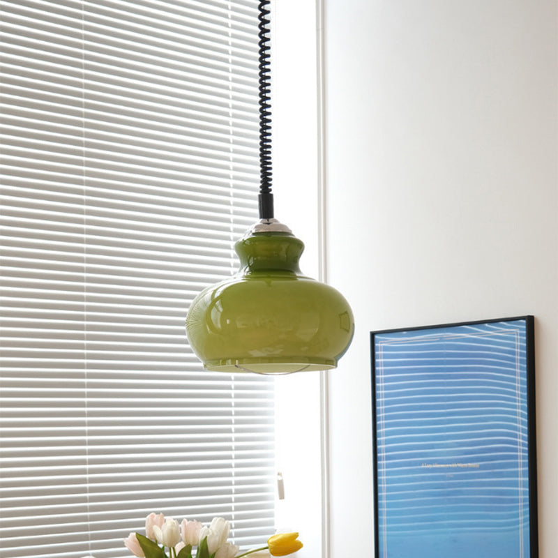 Contemporary Retro Cream Round Oval Iron Glass Shade 1-Light Pendant Light For Living Room