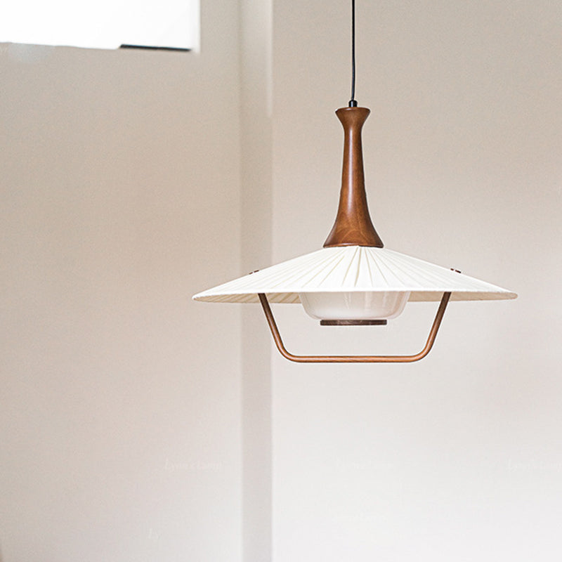 Contemporary Nordic Round Flying Saucer Shape Iron Solid Wood Fabric Glass 1-Light Pendant Light For Living Room