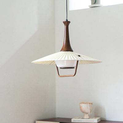 Contemporary Nordic Round Flying Saucer Shape Iron Solid Wood Fabric Glass 1-Light Pendant Light For Living Room