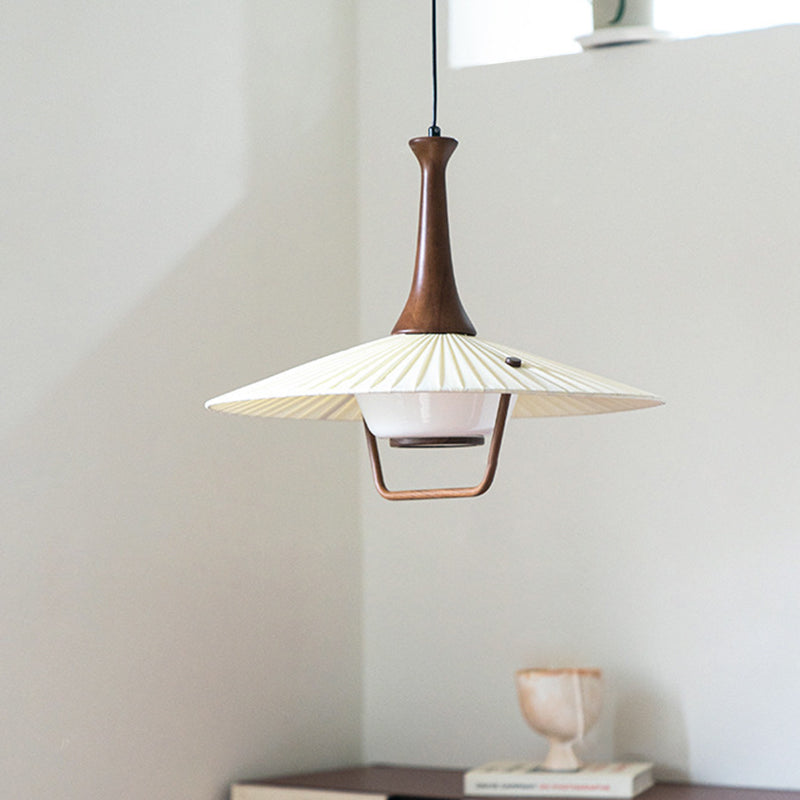 Contemporary Nordic Round Flying Saucer Shape Iron Solid Wood Fabric Glass 1-Light Pendant Light For Living Room