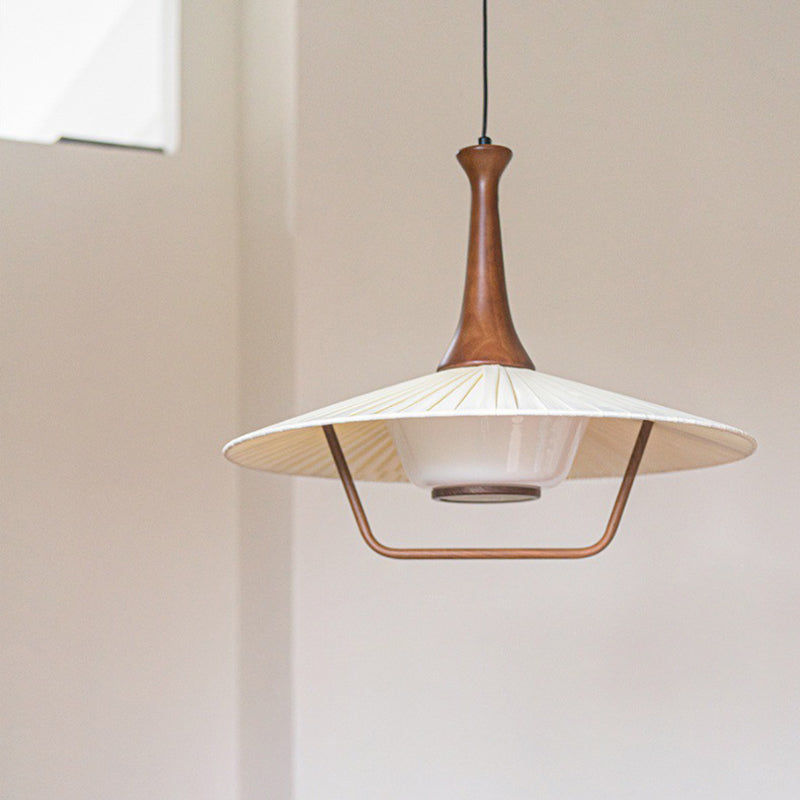 Contemporary Nordic Round Flying Saucer Shape Iron Solid Wood Fabric Glass 1-Light Pendant Light For Living Room
