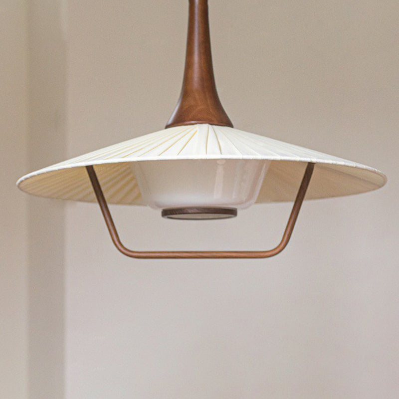 Contemporary Nordic Round Flying Saucer Shape Iron Solid Wood Fabric Glass 1-Light Pendant Light For Living Room