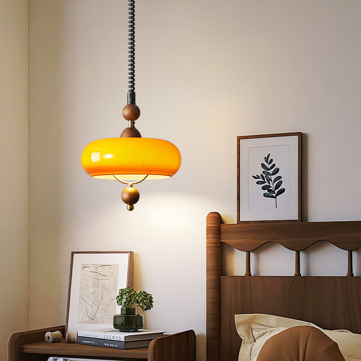 Lámpara colgante de 1 luz con pantalla de tela de vidrio en forma de pétalo de cúpula ovalada redonda tradicional francesa, estructura de madera y herrajes para sala de estar 