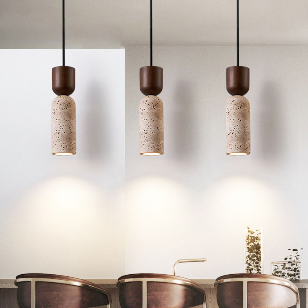 Cylindre Rétro Contemporain en Bois Massif Travertin Suspension Luminaire à 1 Lumière pour Chambre 