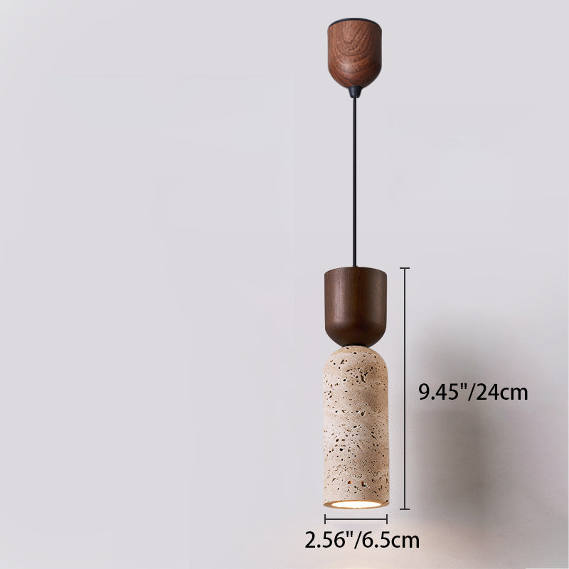 Cylindre Rétro Contemporain en Bois Massif Travertin Suspension Luminaire à 1 Lumière pour Chambre 