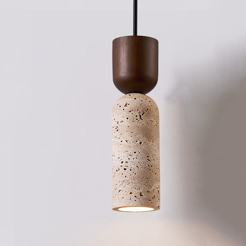 Cylindre Rétro Contemporain en Bois Massif Travertin Suspension Luminaire à 1 Lumière pour Chambre 