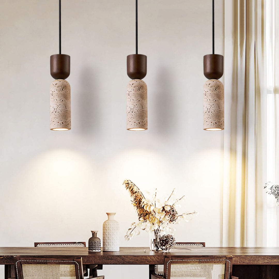 Cylindre Rétro Contemporain en Bois Massif Travertin Suspension Luminaire à 1 Lumière pour Chambre 