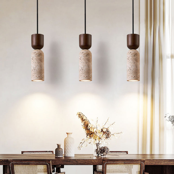 Cylindre Rétro Contemporain en Bois Massif Travertin Suspension Luminaire à 1 Lumière pour Chambre 
