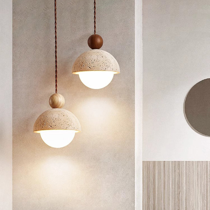 Traditional Japanese Multi Orb Solid Wood Travertine 1-Light Pendant Light For Living Room