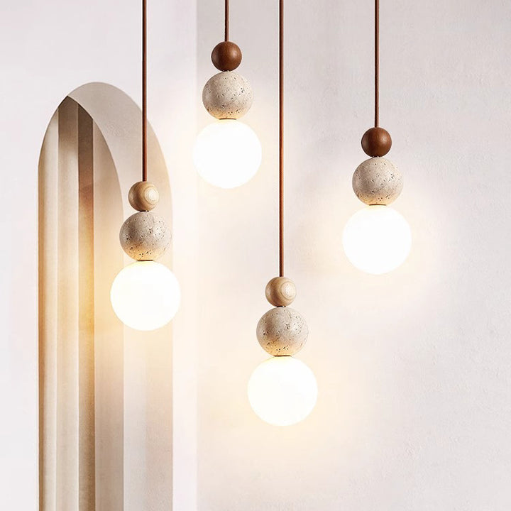 Traditional Japanese Multi Orb Solid Wood Travertine 1-Light Pendant Light For Living Room