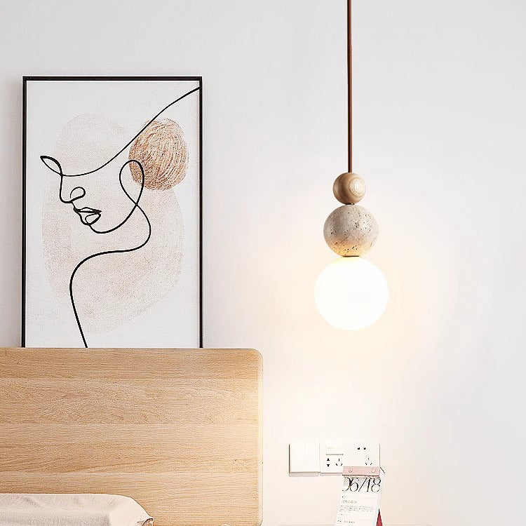 Traditionelle japanische Multi Orb Holz Travertin 1-Licht Pendelleuchte für Wohnzimmer 