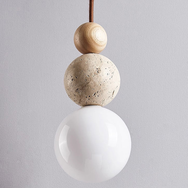 Traditional Japanese Multi Orb Solid Wood Travertine 1-Light Pendant Light For Living Room
