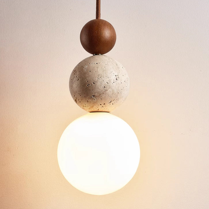 Traditional Japanese Multi Orb Solid Wood Travertine 1-Light Pendant Light For Living Room