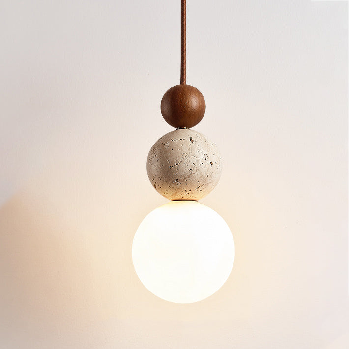 Traditional Japanese Multi Orb Solid Wood Travertine 1-Light Pendant Light For Living Room