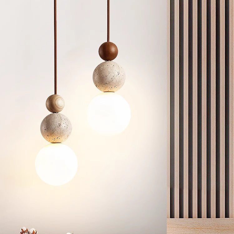 Traditional Japanese Multi Orb Solid Wood Travertine 1-Light Pendant Light For Living Room