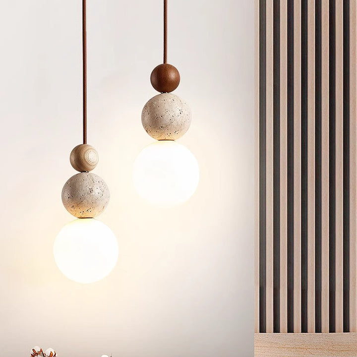 Traditional Japanese Multi Orb Solid Wood Travertine 1-Light Pendant Light For Living Room